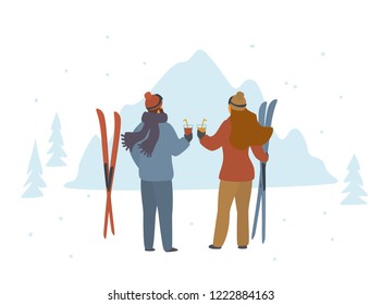 Man And Woman Skiers Enjoying Winter Holidays In Mountains, Apres Ski Back Side View Isolated Vector Illustration Scene