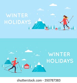 Man and woman skiing mountains in the background. Winter landscape, winter fun, winter vacation, winter sports, outdoors. New year. Flat design vector illustration.