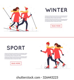 Man and woman skiing and skate, winter sport, leisure winter. Flat design vector illustration.