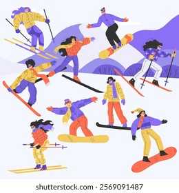Man and Woman Skiing and Snowboarding in Winter Vector Illustration