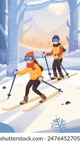 Man and woman skiing together in the snow