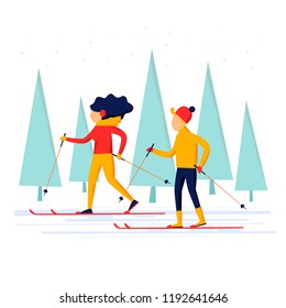 Man and woman skiing in the woods, winter, sports. Vector illustration