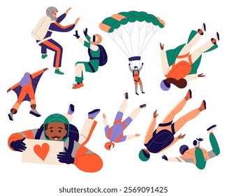 Man and Woman Skydiver in Flight Free Falling with Parachute Vector Set