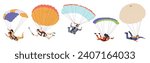 Man and woman skydivers cartoon characters jumping and falling with parachutes flying in sky set