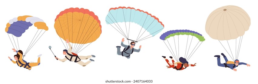 Personajes de dibujos animados masculinos y femeninos saltan y caen con paracaídas volando en el cielo