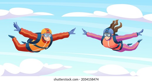 Man and woman skydiving in the sky. Couple doing parachute skydiving illustration