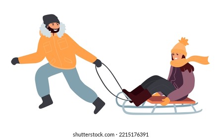 Man and woman sledding in cold weather.Vector people isolated on white background.Characters in warm jackets,hats,scarves and boots.Winter activity outside.Seasonal flat style cartoon illustration.