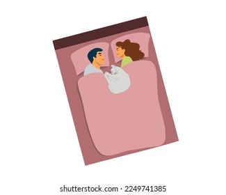 A man and a woman sleep on a bed with a cat. Top view. Vector illustration