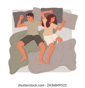 Man and woman sleeping in bed. Couple or young family resting in cozy bed, napping characters flat vector illustration. Male and female person sleeping on bed