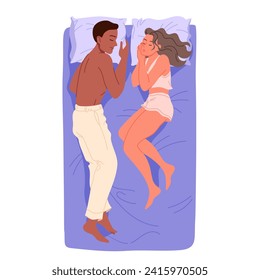 Man and woman sleeping in bed, top view of bedroom. Young husband and wife lying on cozy pillows to sleep and rest with sweet dreams at night, romantic couple napping cartoon vector illustration