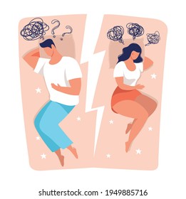 A Man And A Woman Are Sleeping On The Bed, A Question Mark And Obsessive Thoughts. The Concept Of Sexual Problems In A Couple, Divorce, Depression And Insomnia. Flat Vector Illustration Isolated