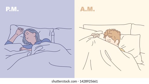 Man   woman sleeping pose by time  A deep sleeping woman   man who does not want to wake up  hand drawn style vector design illustrations  