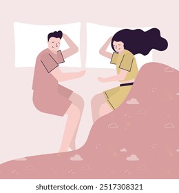 Man and woman sleeping together in bed. Couple resting. Asleep people, concepts of healthy sleep and bedtime. Top view. Wife and husband under the blanket in bed. flat vector illustration