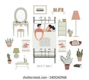 A man and a woman are sleeping together on a bed. A set of bedroom interior items creating a home comfort. Vector illustration in trendy flat style on white isolated background.
