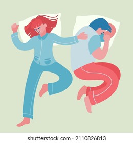 Man and woman sleeping. Young couple nap on pillows in their bed. Night sleep people in pajamas. Rest and relaxation time concept. Vector decorative illustration in trendy flat style.