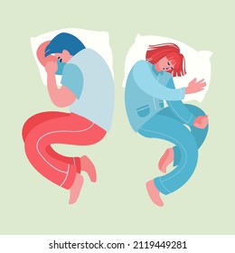 Man and woman sleeping. Young couple nap on pillows in their bed. Night sleep people in pajamas. Rest and relaxation time concept. Vector decorative illustration in trendy flat style.