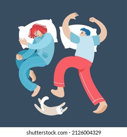 Man And Woman Sleeping. Young Couple Nap On Pillows In Their Bed With A Cozy Cat. Night Sleep People In Pajamas. Rest And Relaxation Time Concept. Vector Decorative Illustration In Trendy Flat Style.