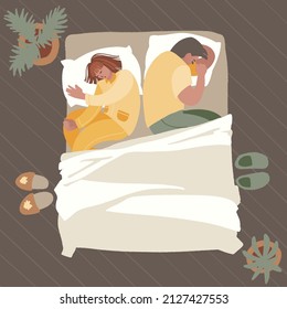 Man and woman sleeping. Young couple nap on linens, pillows and blanket. Bedroom with furniture overhead top view. Rest and relaxation time concept. Vector decorative illustration in flat style.