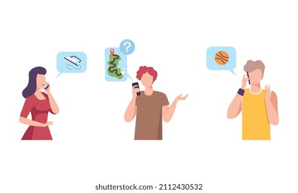 Man and Woman with Smartphone Calling and Using Navigation App Vector Set