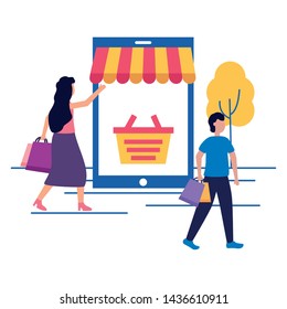 man and woman smartphone online shopping bag commerce vector illustration