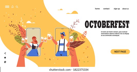 man woman in smartphone screens holding beer mugs Oktoberfest party celebration online communication self isolation concept horizontal portrait copy space vector illustration