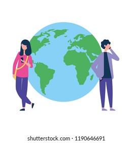 man and woman with smartphone world