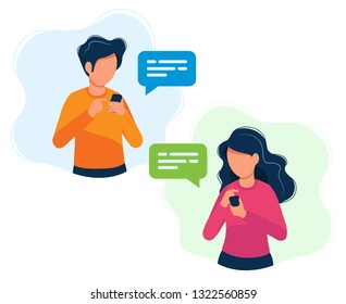 Man and woman with smartphones. Concept illustration, texting, messaging, chatting, social media, customer assistance, dating, communication. Bright colorful vector illustration. 