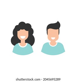 man and woman with smile avatar set. cute happy people face flat icon in blue circle isolated on white.    Call center. help line.