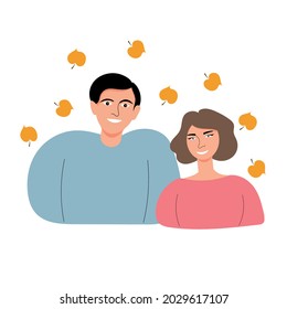 Man and a woman smile and greet with a gesture under the autumn leaves