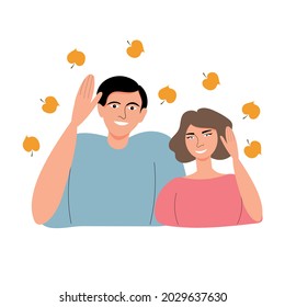 Man and a woman smile and say hello with a gesture under the autumn leaves