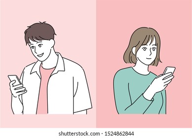 A man and a woman smile and send a cell phone message to each other. hand drawn style vector design illustrations. 