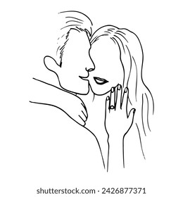 man and woman smile, woman shows her hand with a ring on her ring finger. hand drawn illustration engaged lovers svg