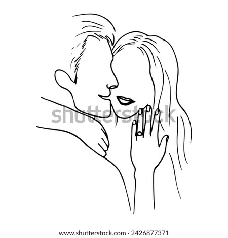 man and woman smile, woman shows her hand with a ring on her ring finger. hand drawn illustration engaged lovers