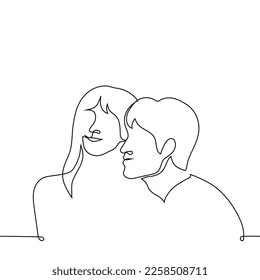 man and woman smile together and pose or bask on each other's faces, they are happy together - one line drawing vector. concept happy heterosexual couple, man and woman mutually in love