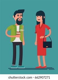 Man and woman smiling. Bearded guy with coffee and lady in red dress met in the street and having a nice talk. Geometric people. Simple design. Stock vector.