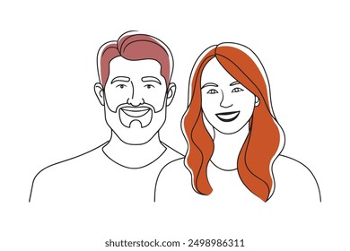 Man and woman smiling for a photo together Hand drawn offset fill with doodle illustration