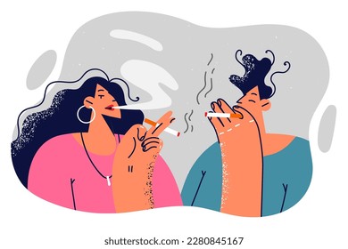 Man and woman smoking cigarettes enjoying tobacco smoke and gossiping during work break. Guy and girl who smoke cigarettes spoil their health due to addiction to bad habit that causes cancer