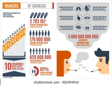 Man and woman smoking cigarettes. Flat style elements of dangers of smoking infographic.