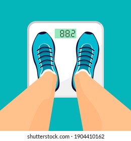 Man or woman in sneakers stands on the floor scales. Weight measure equipment or tool. Vector illustration isolated on blue background.