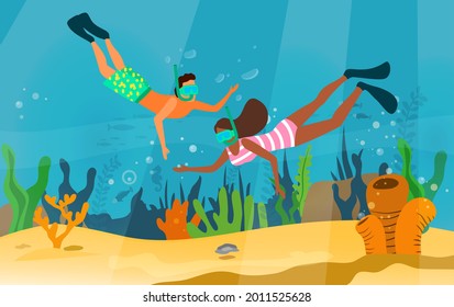 Man and woman snorkeling, exploring underwater world with fishes, corals, reefs. People dive and look at underwater inhabitants. Couple with snorkels swims near coral reef, vacation at sea, ocean