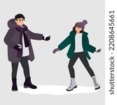 Man and woman at snowball fight on winter holidays. People having fun and throwing snow balls, playing wintertime game. Flat vector illustration