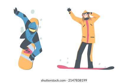 Man and Woman Snowboarding Dressed in Winter Outfit Vector Set