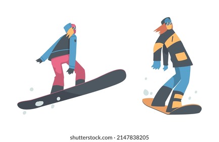 Man and Woman Snowboarding Dressed in Winter Outfit Vector Set