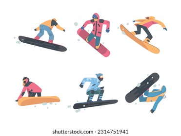 Man and Woman Snowboarding Dressed in Winter Outfit Vector Set