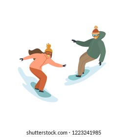 man and woman snowboarding, winter isolated vector illustration scene