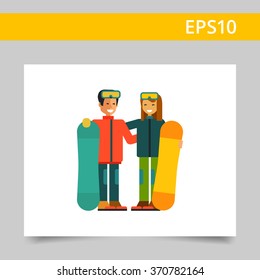 Man and woman with snowboards