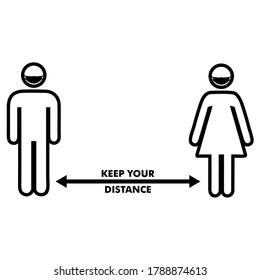 man and woman social distancing. keep your distance icon. person with mask line icon sign