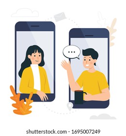 Man and woman socializing and chatting online through smartphone. Conversation concept vector illustration. Social distancing.