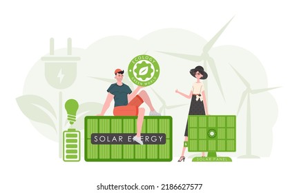 Hombre y mujer y paneles solares. Concepto de energía verde. Vector.