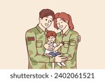 Man and woman in soldiers uniform are hugging holding little son in arms, for promotion of military and army professions. Happy couple soldiers love each other and celebrate family day.